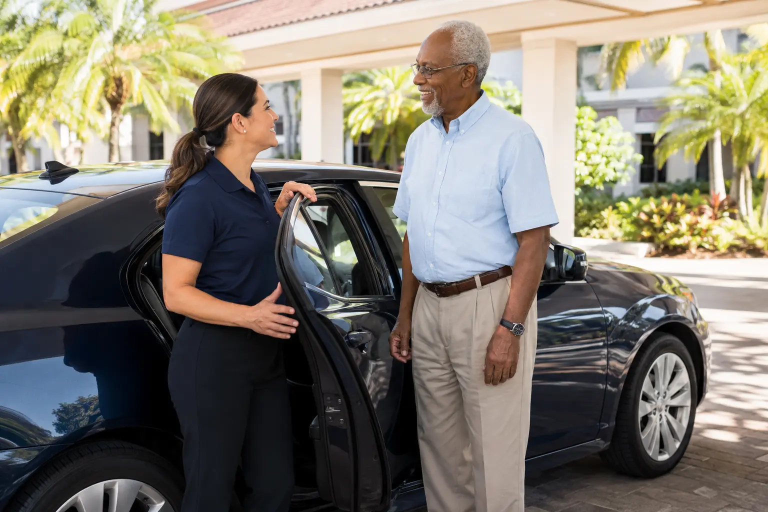 Professional driver welcoming an older passenger beside a sedan