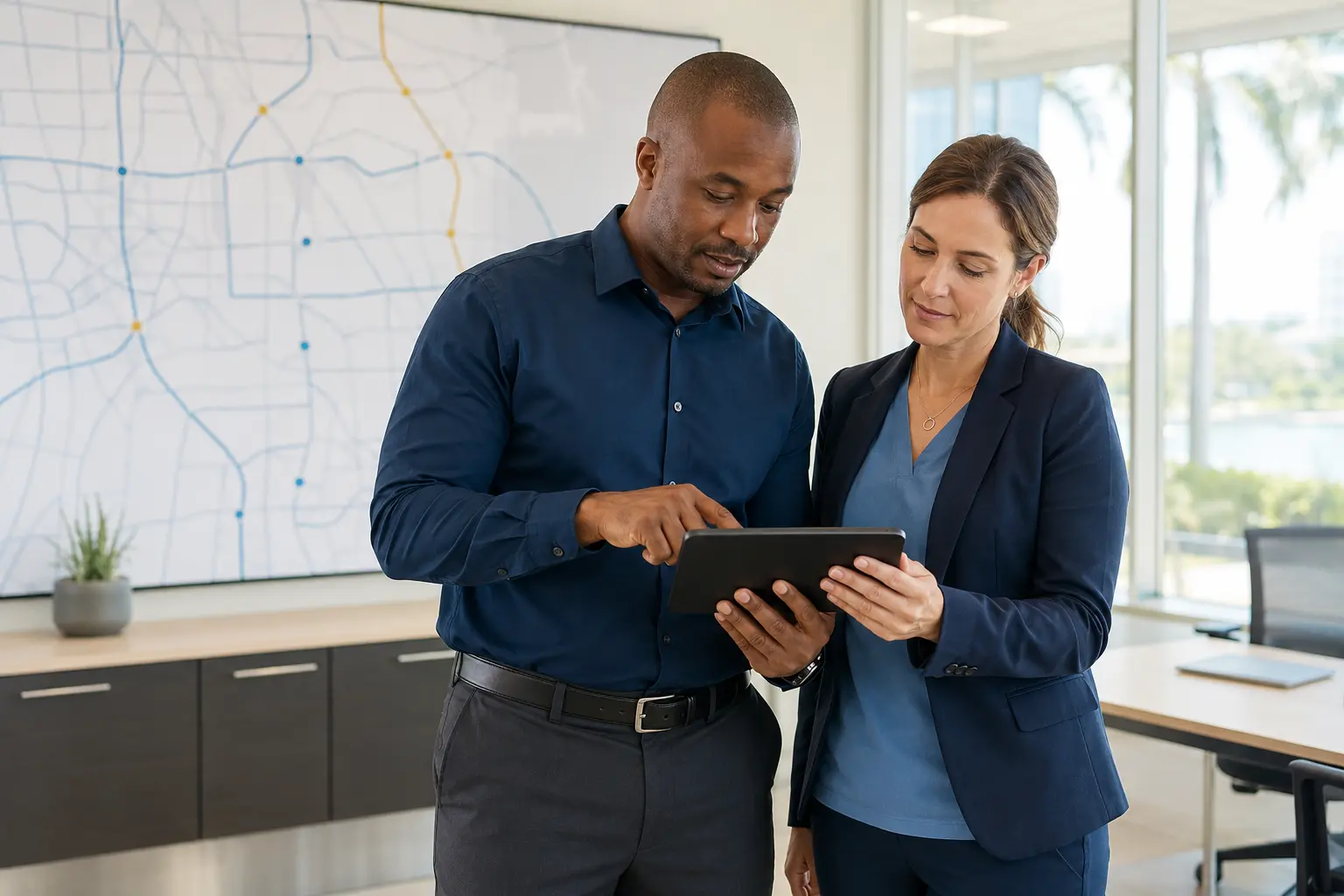 Transportation coordinator and program manager reviewing a ride plan