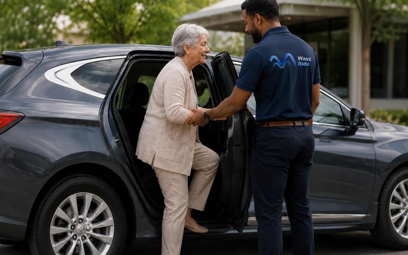 Wavz Ride driver assisting an ambulatory passenger into an approved vehicle